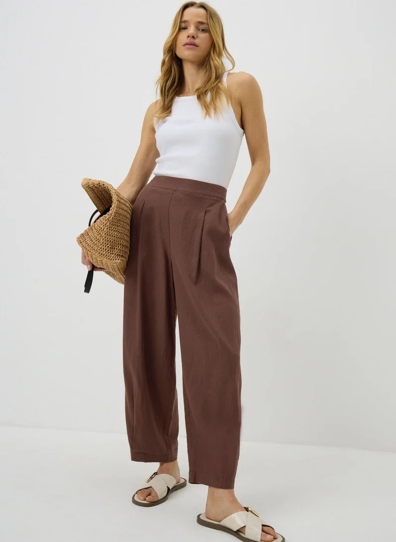 Matalan Chocolate Brown Linen High Waist Carrot Leg Trousers